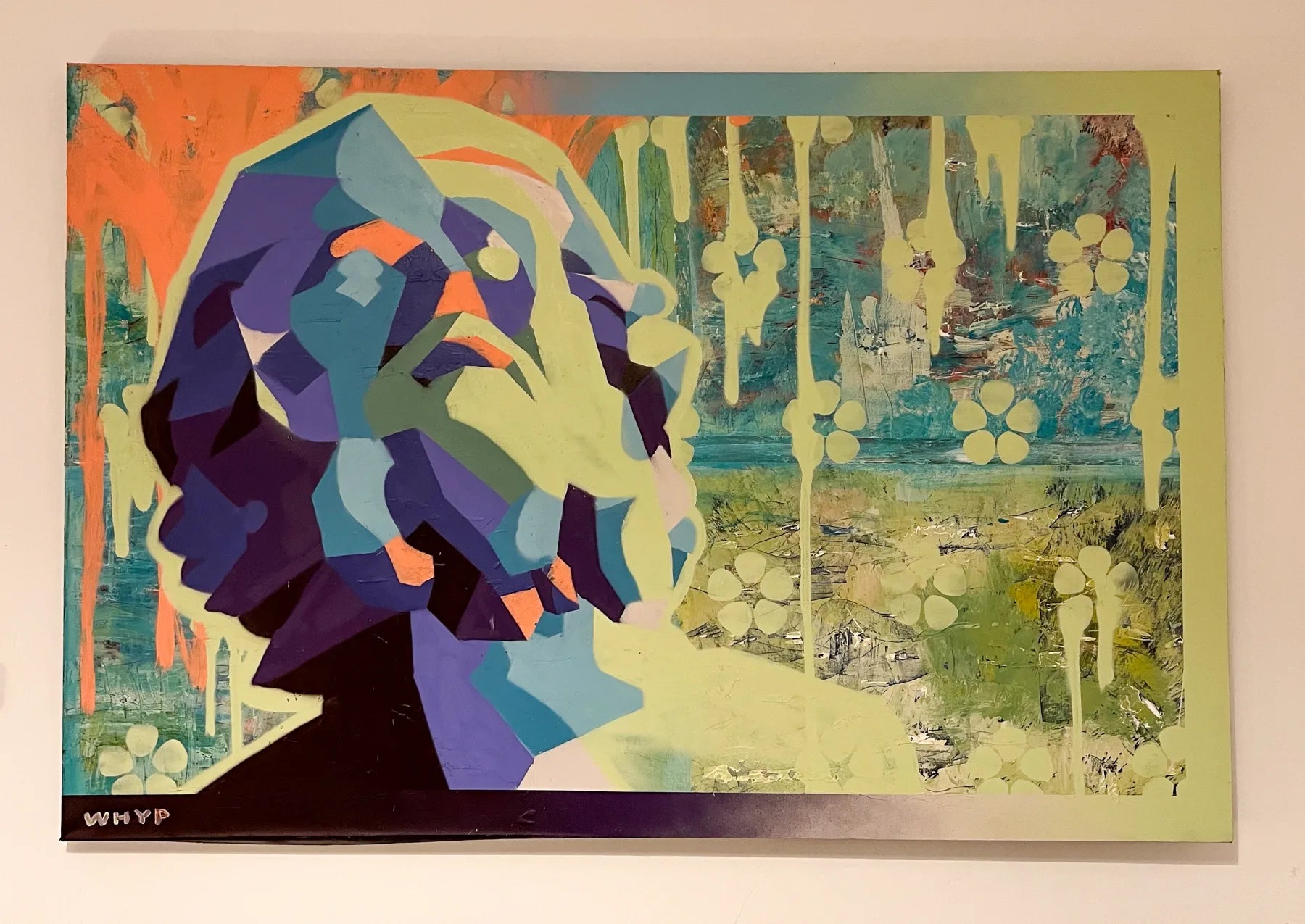 Faceted profile portrait over a layered painted ground